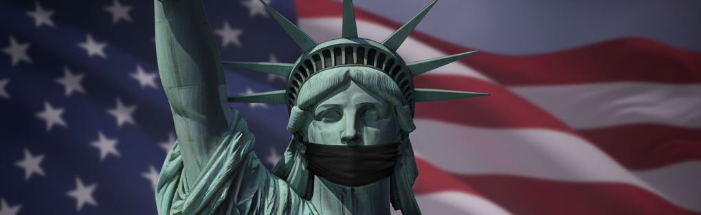 Statue of Liberty with a gag over her mouth with the US flag behind her
